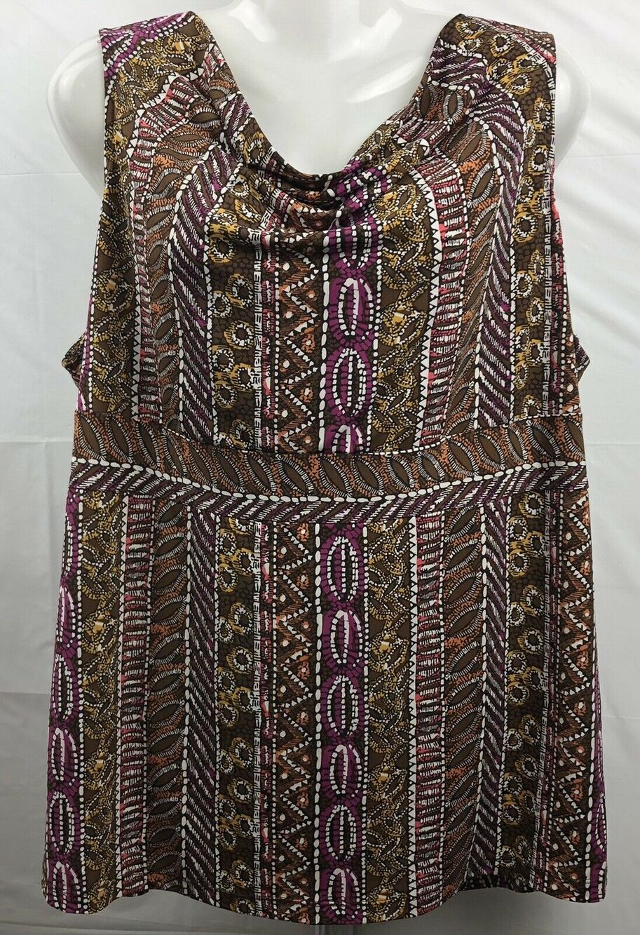 Rafaella Top Women 1X Brown Geo Print Stretch Sleeveless Drape Neckline Blouse